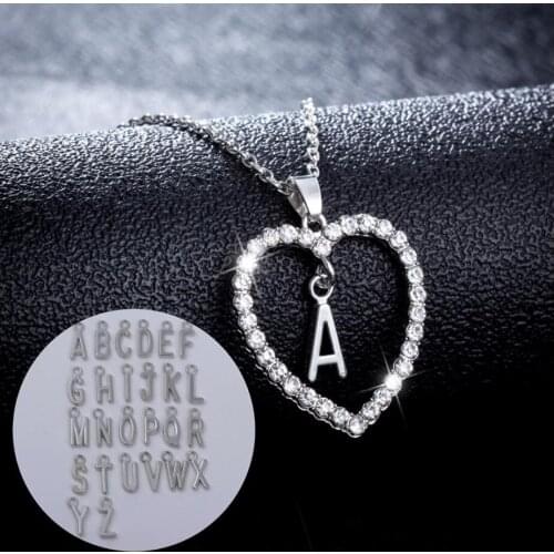 Alphabet Letter pendant necklace First name A-Z inside Heart with crystal setting silver color plated Metal O Chain
