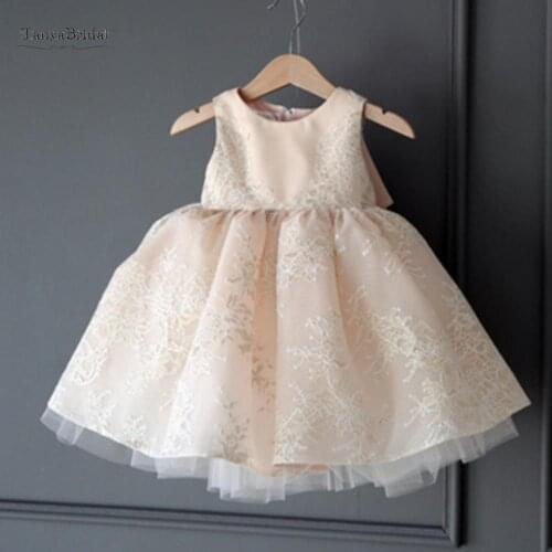 Flower Girl Dresses for Weddings New Champagne Communion Dresses For Girls O-neck Sleeveless Ball Gown Lace Appliques XF013