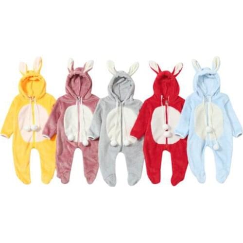 FOCUSNORM 5 Colors Autumn Winter Baby Girls Boys Rompers Fur Rabbit Ear Hooded Long Sleeve Zipper Warm Jumpsuits 0-12M