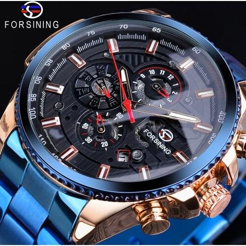 Forsining Three Dial Calendar Stainless Steel Mens Mechanical Automatic Sport Wrist Watches Rose Golden Fashion Military Clock