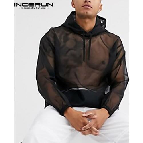 INCERUN Men Mesh T Shirt Hooded See Through Streetwear Long Sleeve Casual Tops Fashion Loose Party Nightclub Mens T-shirts 5XL 7