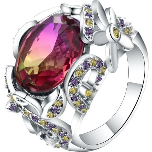 Hainon Rainbow Cubic Zirconia Flower Rings Silver Color Cluster-style AAA CZ Ring Luxury Party Engagement Jewelry Size 6-10