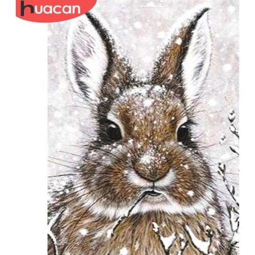 HUACAN Full Square Round Diamond Painting Winter Diamond Embroidery Rabbit Mosaic Animal Rhinestone Picture Craft Kit