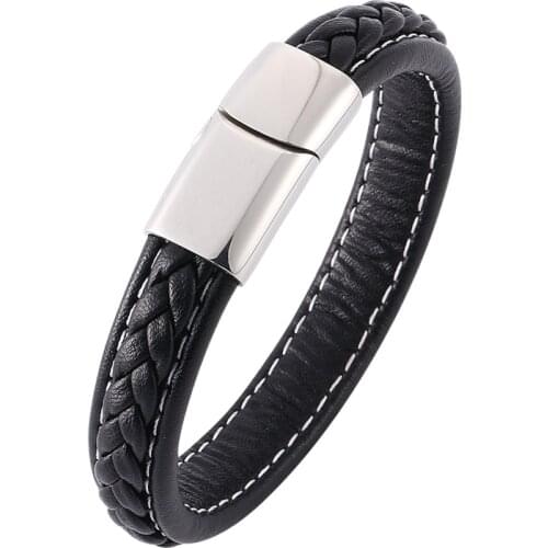 Classic Men Bracelets Jewelry Fashion Leather Bracelet Stainless Steel Magnetic Clasps Leather Wristband Charm Hand Chain PW728