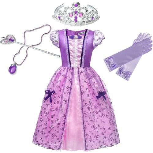 Little Princess Sophia Fancy Dress Christmas Party Cosplay Costume Purple Floral Bow Tulle Prom Gown For Kids Frocks 2 to 8 Year