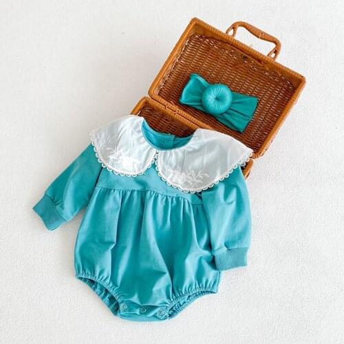 Newborn Baby Girl Outfit Jumpsuit Sweet Lace Romper Long Sleeves Lapel Solid Color Toddler Baby Clothes