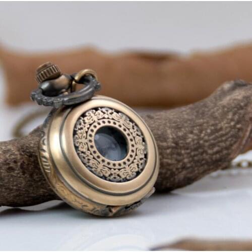 Bronze antiques Small fashion quartz Hollow out pendant clock Good quality pocket watches chain