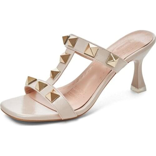 New Ladies Slippers Stiletto High Heels Shallow Mouth Lazy Mules Shoes Rivet Decoration Women Slippers Women Sandals Women Shoes