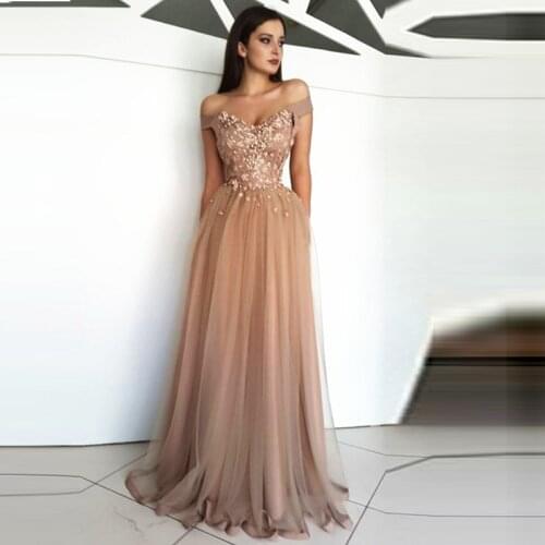 Champagne Muslim Evening Dresses A-line Off The Shoulder Tulle Lace Islamic Dubai Saudi Arabic Long Evening Gown Prom Dress