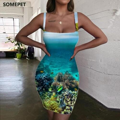 SOMEPET Ocean Dress Women Coral Ladies Dresses Fish Halter Sleeveless Sail Bodycon Dress Womens Clothing Summer Vintage Beach