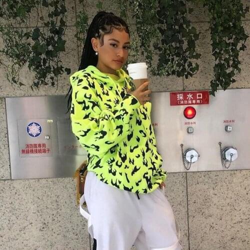 Casual Fashion 2020 Neon Women Hoodies Long Sleeve Autumn Winter Streetwear Sporty Sweatshirts Flame Print Oversize Top Outfits