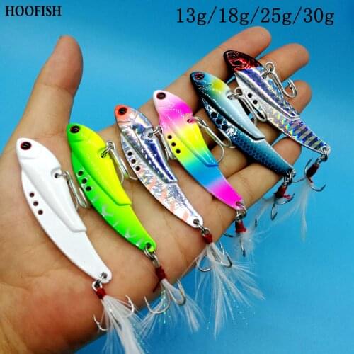 HOOFISH 12PCS/LOT Metal Fishing Lure Jig Bait 13g/18g/25g/30g Vibration Spoon HardBait With Feather Hooks Wobbler Swimbait VIB