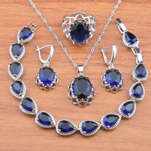 Russian Style Silver Color Wedding Jewelry Set For Women With Earrings Pendant Blue Crystal Ring Bracelet Set African Jewellry