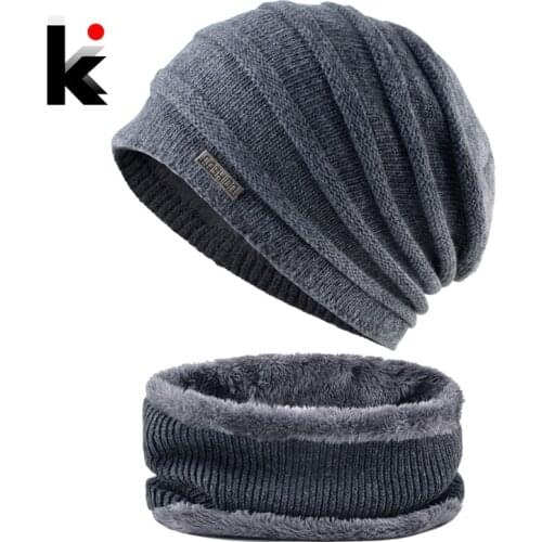 Winter Beanies Men Knitted Hats Scarf Set Warm Knitting Fashion Striped Caps Male Gorras Bonnet Thick SKullies Beanies Scarves