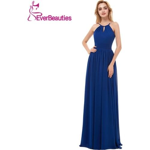 Chiffon Bridesmaid Dresses Long 2020 Royal Blue Halter Neck Backless Wedding Party Guest Dresses