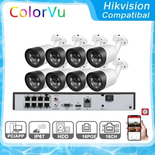 Hikvision Compatible Kits DS-7608NI-Q1/8P 8POE NVR 5MP Full-color IP Camera Bullet POE Built-in MIC 8pcs Plugplay CCTV System