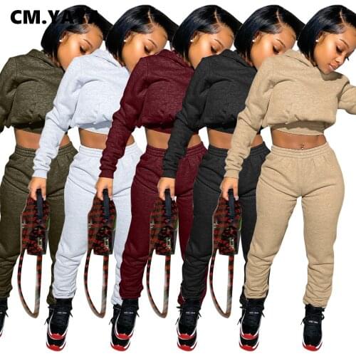 CM.YAYA Sportwear Solid Womens Set Short Hoodies Tops Jogger Pants Set Tracksuit Fitness Active Outfit Two Piece Matching Set