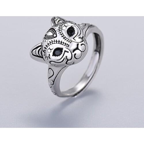 Vintage Silver Color Carving Cat Ring Inlay Black Zircon Eye Wedding Engagement Ring Cute Cat Ring Women Jewelry Gifts
