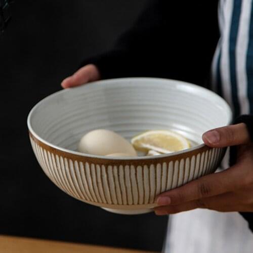 Tall vintage nostalgic noodle soup bowl Japan imported clay anti-scalding thickened carved texture bowl