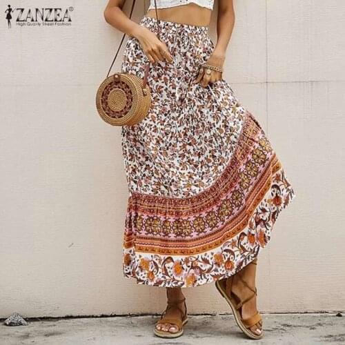 Bohemian Floral Printed Skirts Women Elastic Waist Ruffles Mid-calf Skirts ZANZEA Vintage Beach Summer Faldas Saia Oversize Jupe