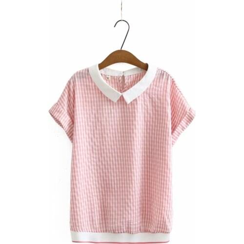 Plus size peter pan collar batwing sleeve women loose tshirts 2021 new summer casual plaid chiffon ladies t shirts female top