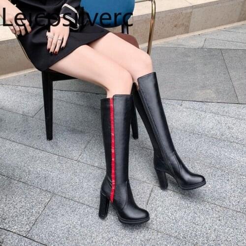 Autumn And Winter The New fashion Round head zipper Color matching Thick heel High heel High tube Womens Boots plus size 34-43