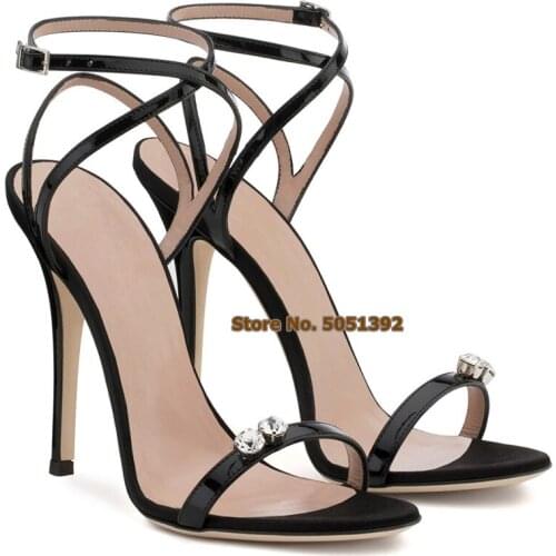 Women High Heel Stiletto Open Toe Sandals Diamond Bling Bling Ankle Cross Strap Glittering Rhinestone Banquet Shoes Plus Size