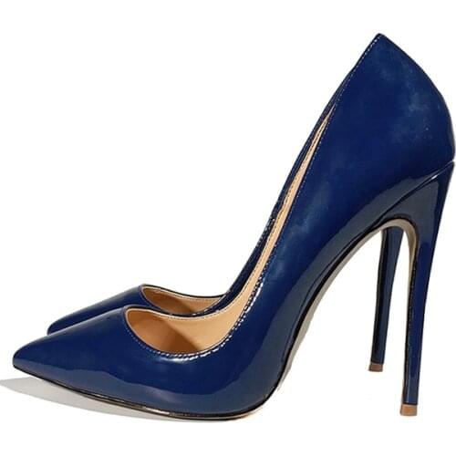 Dark blue pointed toe women shoes high heel pumps 12cm stiletto patent leather party high heels women shoes QP013 CHENSIR9