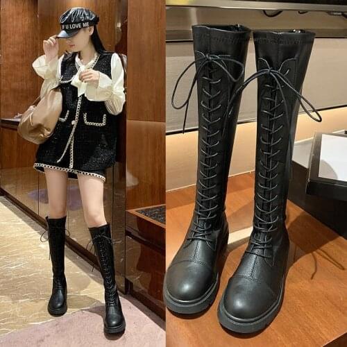 2020 New High Tube Martin Women Boots Lace Velvet Spring Autumn Luxury Brand Design Platform Boots Womens Shoes Female