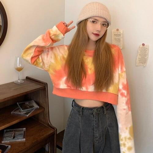 2021 Fashion korean streetwear crewneck long sleeve tie dye pullover sweatshirt crop top women oversized harajuku hoodie c133