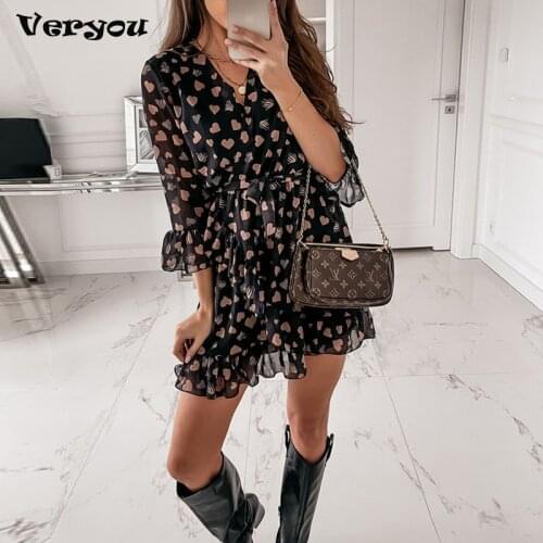 Women Love Heart Print Mini Shirt Dress Women Sweet New Ruffle Spring Autumn A-Line Dress Women Dresses Summer 2021