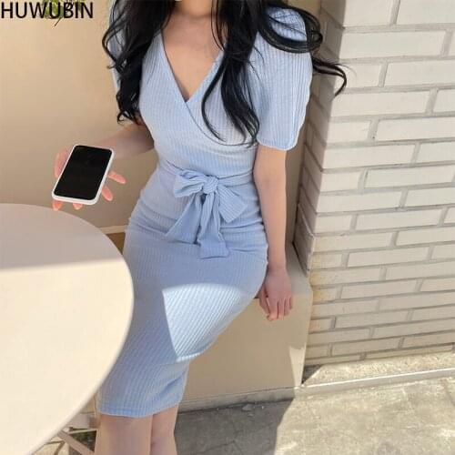 New Summer 2021 Womens Unique V-Neck Knitting Pencil Skirt Slim Bandage Long Fashion Elegant Avant-Garde Dress