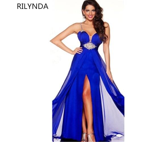 Robe de soiree Elegant Long Evening Dress Royal Blue Chiffon Beads A Line Spaghetti Strap Sweetheart Backless abendkleider