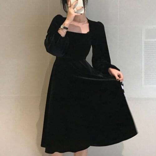 Vintage Velvet Women Dress Square Collar Puff Long Sleeve Drese 2020 Spring AUTUMN Elegant a-line dress