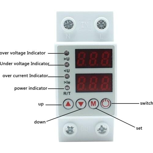 Din rail LCD display over ,under voltage,over current protective device automatic recovery reconnect over,under voltage adjust