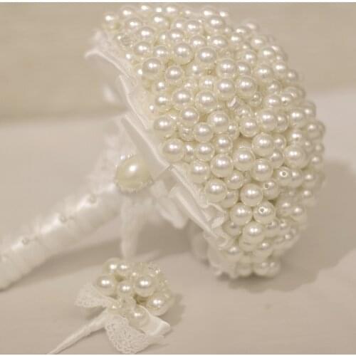 8 inch Custom Ivory & white pearl crystal Brooch Bouquet Bridal brides Pearls Jewelry Lace ribbon Bouquet bridesmaid bouquets