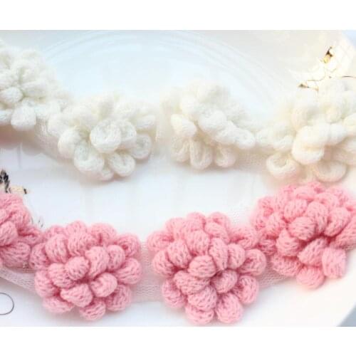 8 yards Yarn Flowers, 2" Wool Flowers Trim Applique flower Supplies, Crafting Flowers trim lace ribbon white and pink