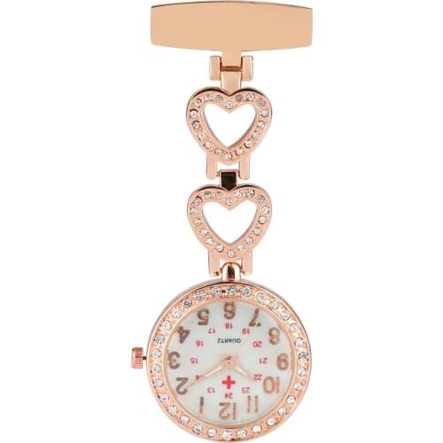 Nurse Pocket Watch Trendy Heart Design and Inset with Artificial Diamonds Pocket Watches for Ladies Stainless Steel Pendant Watc