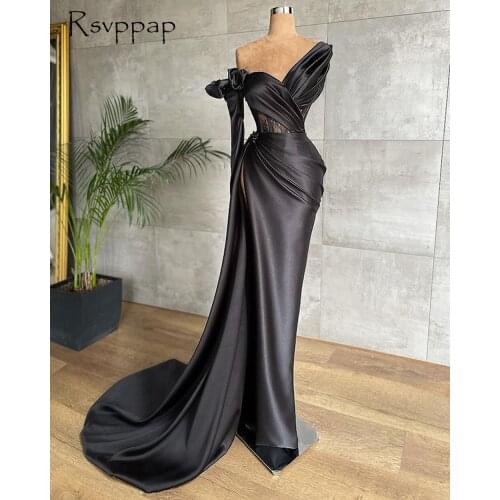 Single Long Sleeve Black Evening Dress 2021 One Shoulder High Slit Elegant African Women Satin Formal Gowns