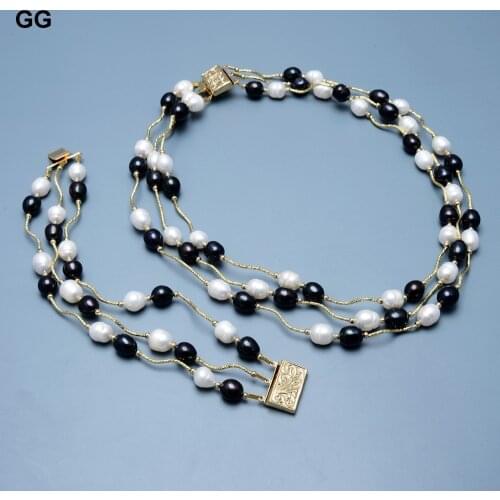 GG Jewelry 3 Rows Natural Cultured Freshwater White Rice Pearl Black Rice Keshi Pearl Necklace Bracelet Sets For Women