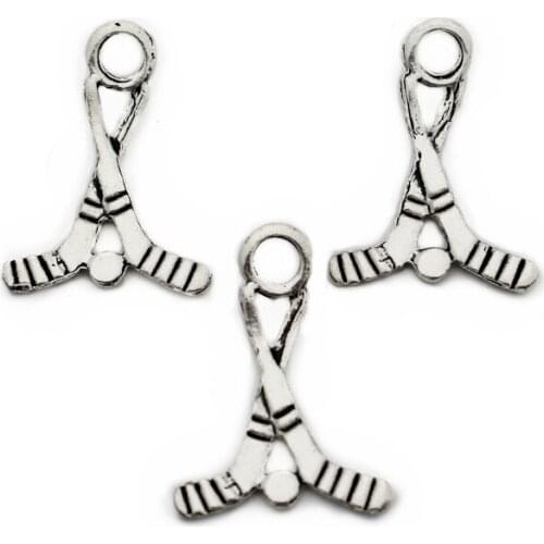 Hot Sale 12pcs/lot Silver Ice Hockey Stick Alloy Dangle Charms Lobster Clasp Hanging Charm Fit Bracelet Choker Neckcace