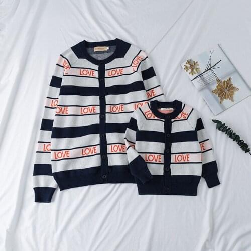 New Winter Fall Kids Girl Boy Cardigan Striped LOVE Family Matching Outfits Knitting Sweaters Mother & kids Family Look Clothes