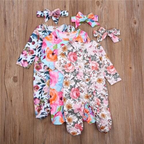 0-12Month Newborn Baby Girl Footed Playsuit Floral Print Ruffle One Piece Jumpsuit Sleeper with Headband Clothes Overalls