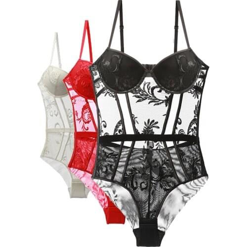 Lace Bodysuit For Women Plus Size B C D Cup Sleeveless Underwire Push Up Jumpsuit Bustier Corset Sexy Lingerie Black Red White