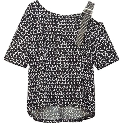 Nkandby Summer Plus Size T-shirt Fashion Spaghetti Strap One Shoulder Female T Shirt Wave Striped Loose Short Sleeve Chic Tops