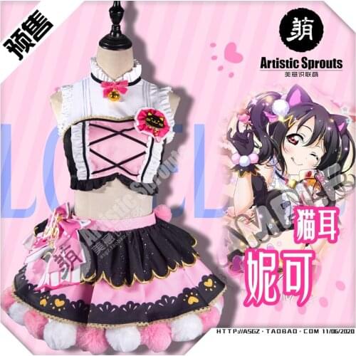 Love Live Arcade Game Nico Yazawa Cat Double Pony Tail Lovely Dress Cosplay Costume Lolita Halloween Dress Full Outfit