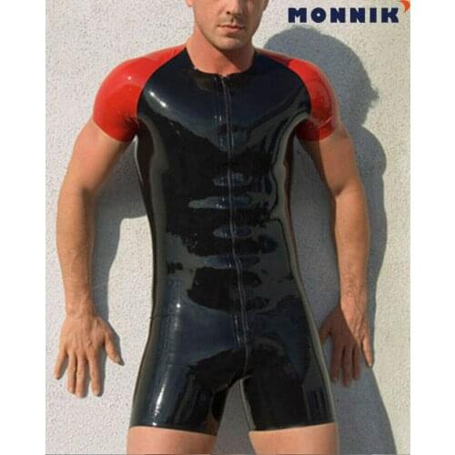 MONNIK latexShort Sleeve Latex Catsuit Sexy Rubber Short Tight Pants Gummi 0.4mm Club Wear