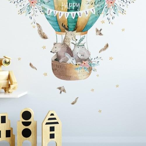Happy Birthday Cartoon Hot-Air Ballon Animal Wall Stickers for Childrens Room Kindergarten Birthday Party Baby Gift Room Decor