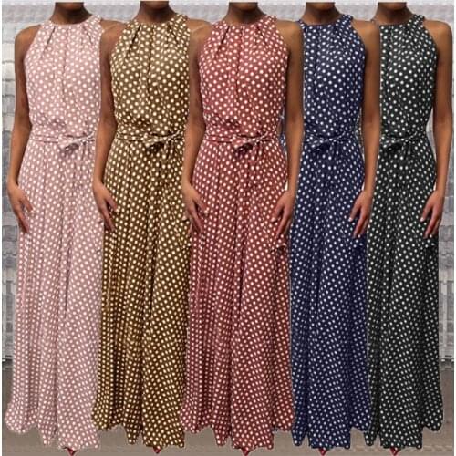 2021 The New Dot Printing Long Dress Women Sleeveless Halter Neck Coffee Casual Dresses Lady Summer Beach Party Dress Sundress