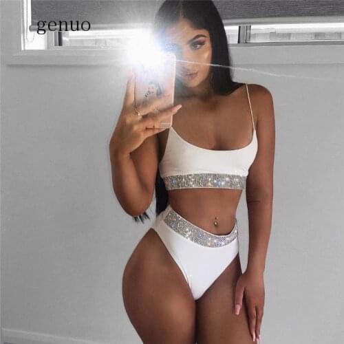 New Silver Rhinestones Bikini Set Sexy Spaghetti Strap Bra Elastic Panty Swimsuit Swimwear Women Summer Beach Bathing Suit